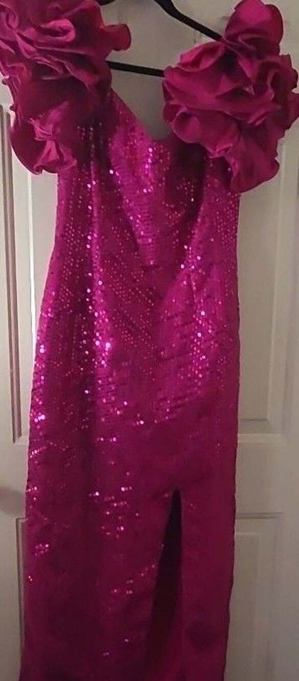 Nadine Evening Gown Size 13/14 Hot Pink Sequin Ruffle Sleeve Slit